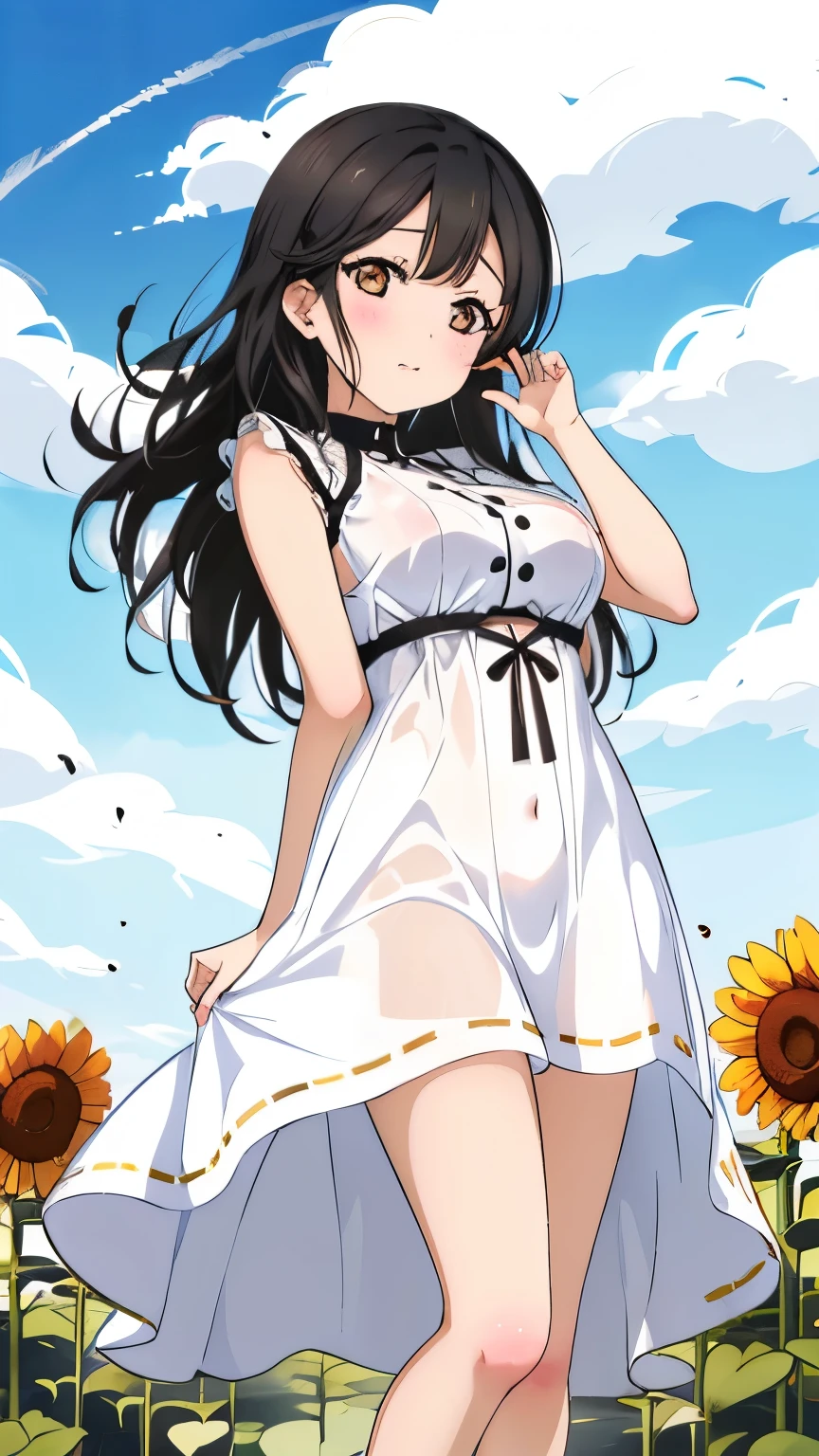 1 girl, alone, brown eyes, black hair, long hair,half up、 (white dress:1.4),Sunflower field, Sunflower fieldの前に立つ、blue sky、very big breasts、expose one's chest、Bare your breasts、nipples are transparent、blush、embarrassing、scared face、in trouble、A lot of milk comes out of the nipples、Breast milk squirts out of the nipples、very short skirt、micro mini skirt、The shape of a woman's private parts is clearly visible、vibrator in thighhighs、The crotch is wet with love juice、Love juice is dripping from the crotch