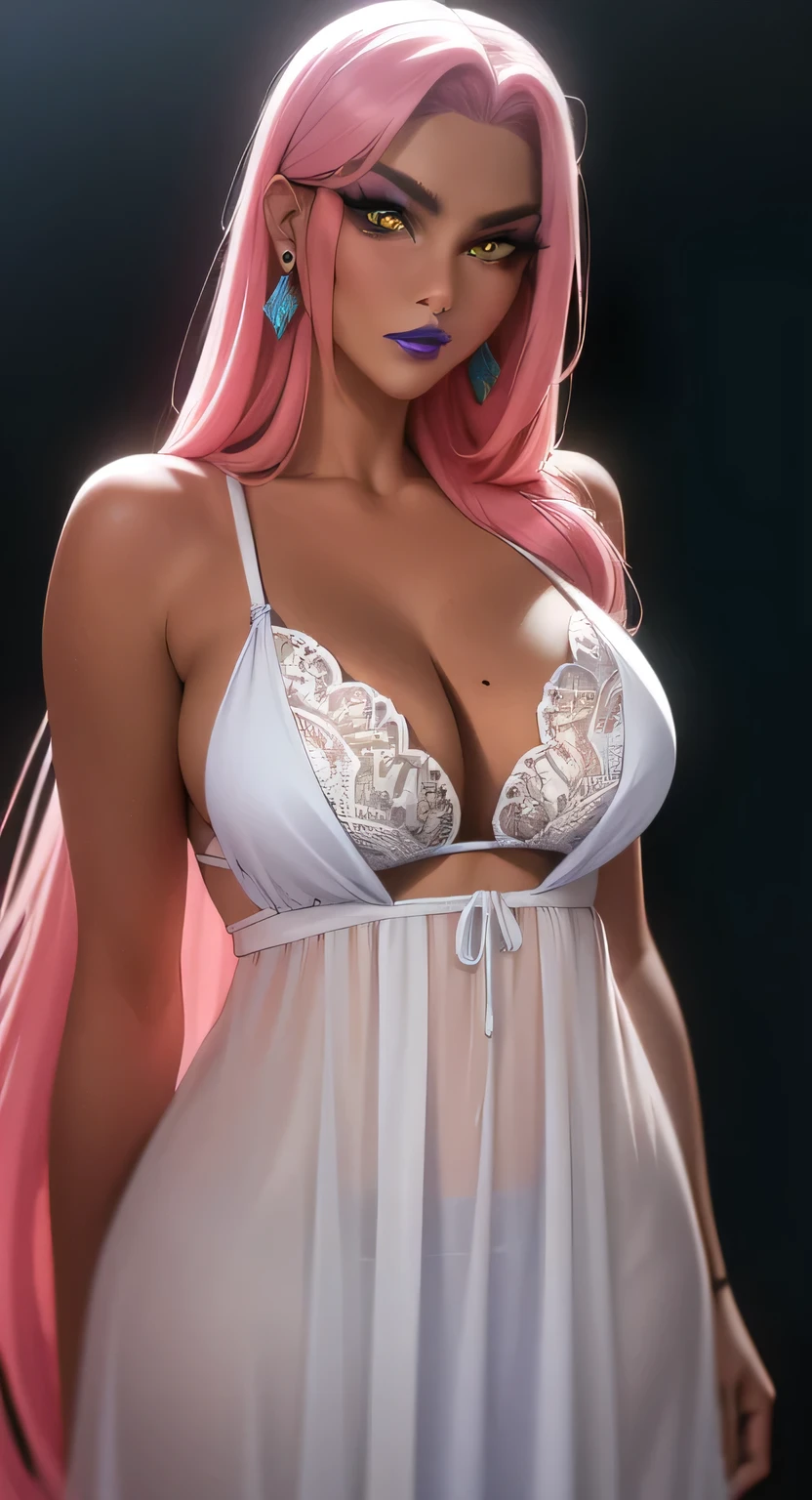 (masterpiece, highres, best quality:1.3), 8K, highly detailed, intricate, colorful, vibrant image, sharp focus, digital blending, 4K, trending on pixiv Ingrid, (negligee), solo, mature female, 40yo, milf, curvy, (dark skinned female:1.15), dark skin, posing, (caring look:1.2), looking at viewer, cowboy shot, pink hair, very long hair, forehead, hair intakes, purple lipstick, makeup, mole under mouth, yellow eyes, perfect eyes, perfect face, ultra detailed hair, ultra detailed face, earrings, ultra detailed lips, large breasts, ultra detailed lipstick,