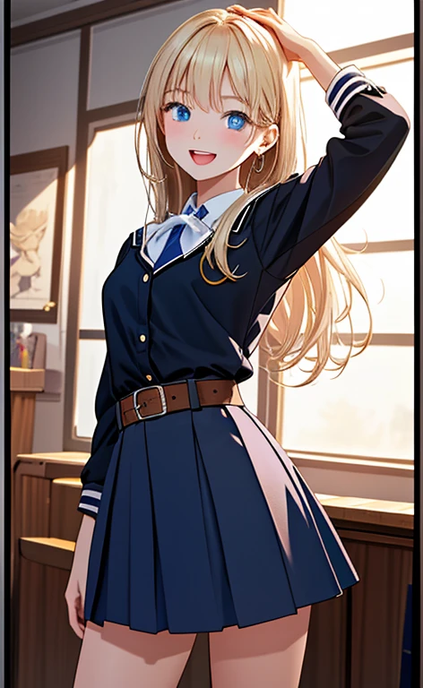 (realistic:1.4、masterpiece、top-quality、8k size wallpaper、offcial art)、(portrait,cowboy shot:1.6)、(1girl),(happy,Open mouth:1.3),(half closed eyes),cute face,blue eyes、(arms behind heads:1.5)、
,(stand),(Shining smile),
,(slender),(school uniform),(long fluorescence blonde hair1.3), (small breasts)、
、fluorescence、classroom,JK、
