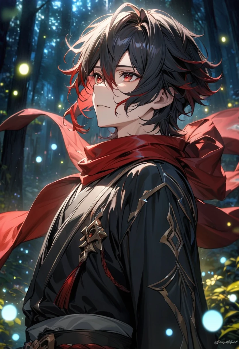 absurdres, highres, ultra detailed, HDR, master piece, best quality, Hizen Tadahiro, Gemini hair, left half red hair, right half black hair, hair between the eyes, expressive red eyes, solo, 1man, handsome, black kimono, red scarf, magical forest, blue fireflies, Genshin Impact