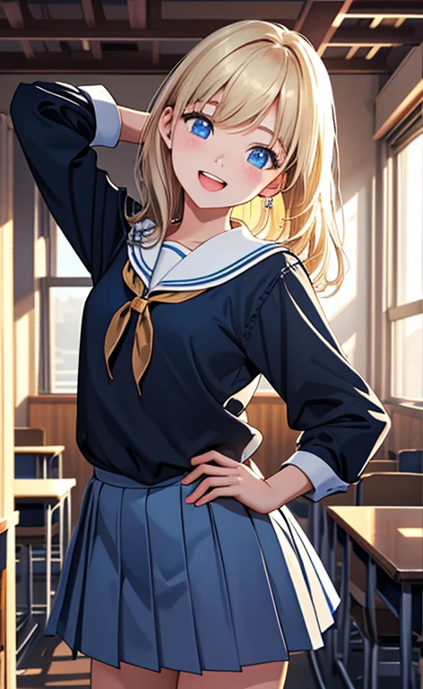 (realistic:1.4、​masterpiece、top-quality、8k size wallpaper、offcial art)、(portrait,cowboy shot:1.6)、(1girl),(happy,Open mouth:1.3),(half closed eyes),cute face,blue eyes、(arms behind heads:1.5)、
,(stand),(Shining smile),
,(slender),(school uniform),(long fluorescence blonde hair1.3), (small breasts)、
、fluorescence、classroom,JK、