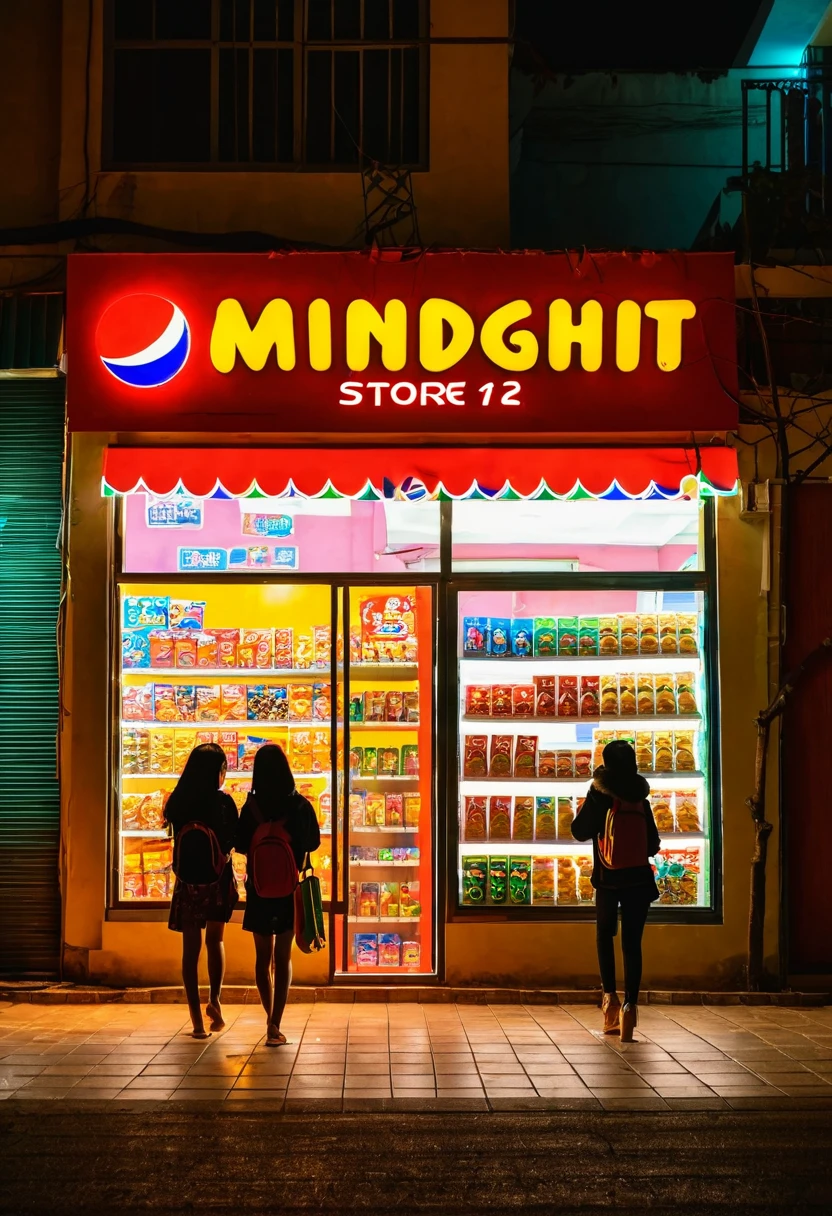 A couple girls going to midnight convenient store to buy some snacks. the store is in alone building in the middle of the night