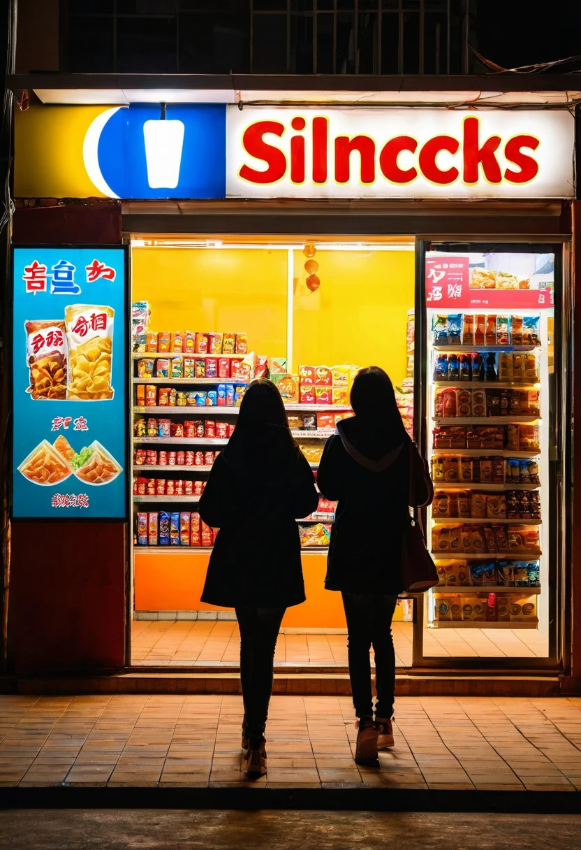 A couple girls going to midnight convenient store to buy some snacks. the store is in alone building in the middle of the night