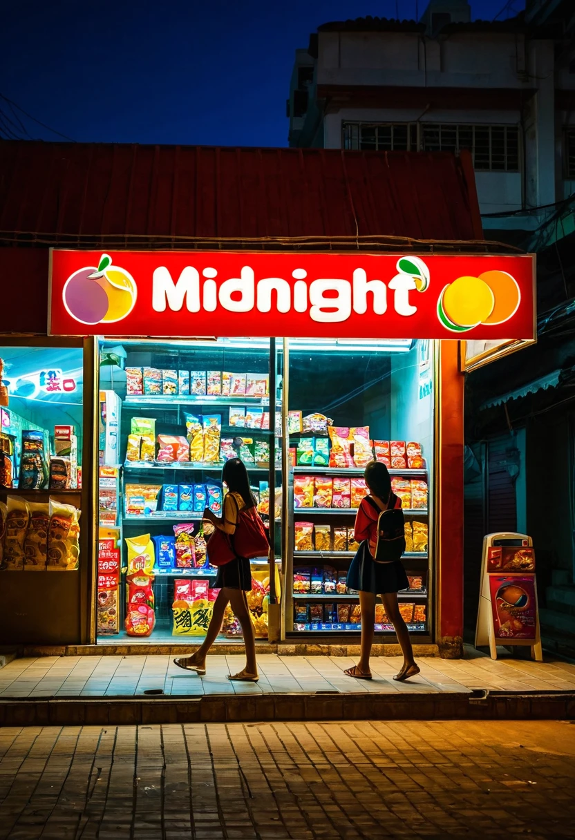 A couple girls going to midnight convenient store to buy some snacks. the store is in alone building in the middle of the night 