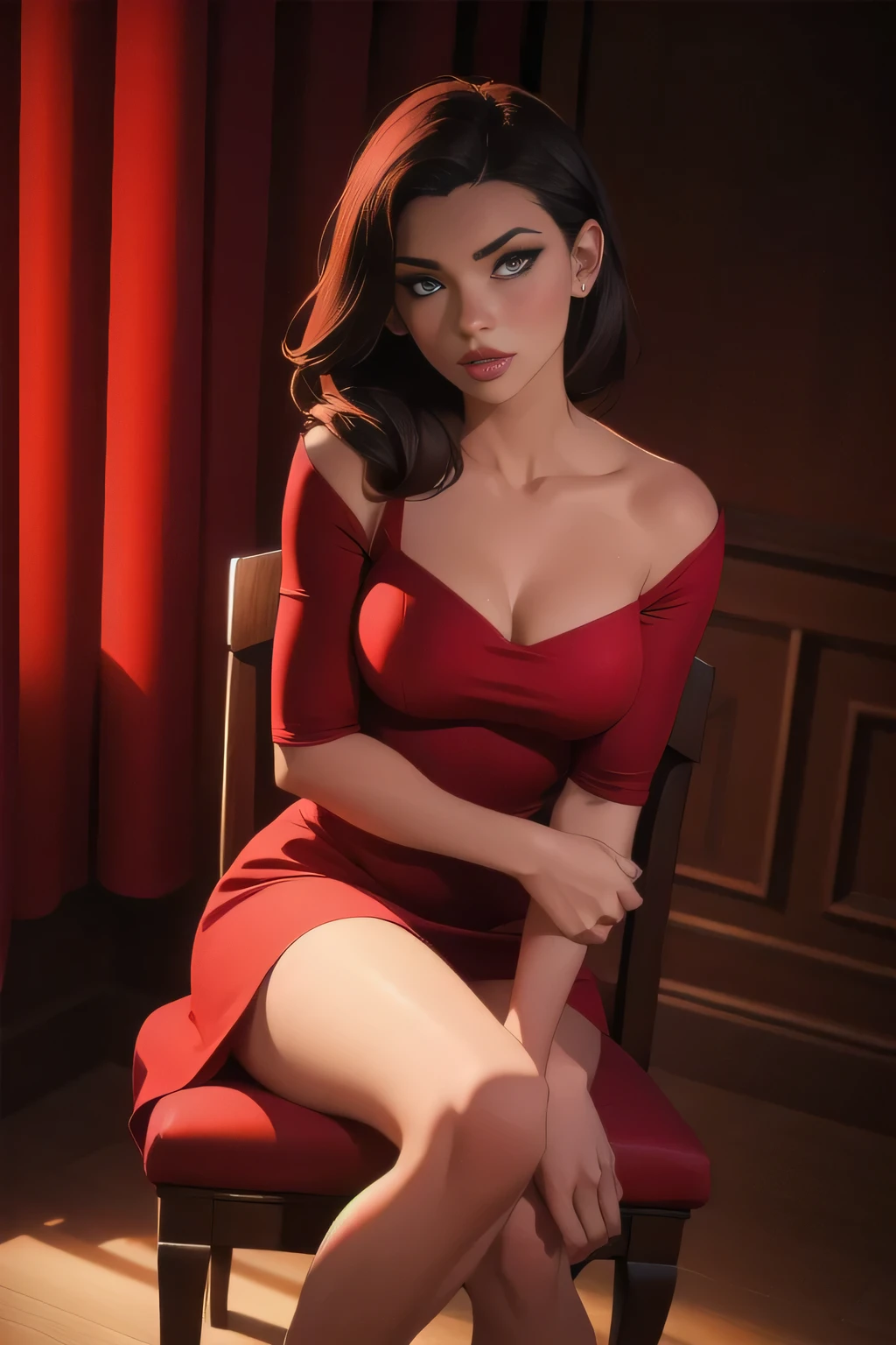 Young sexy woman wearing a red dress sitting on a chair, dim lighting, sexy, hot, lustful