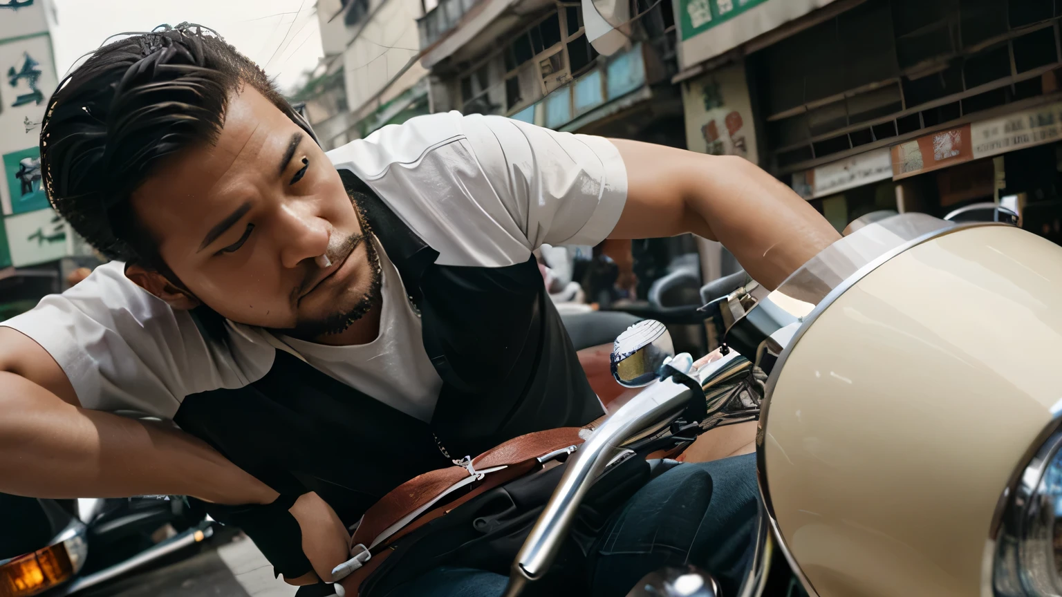 medium hair man ride a custom chopper bike, details, close up shoot, face, fallen angles style, hong kong film looks, grains, 35mm film, POV from photographer