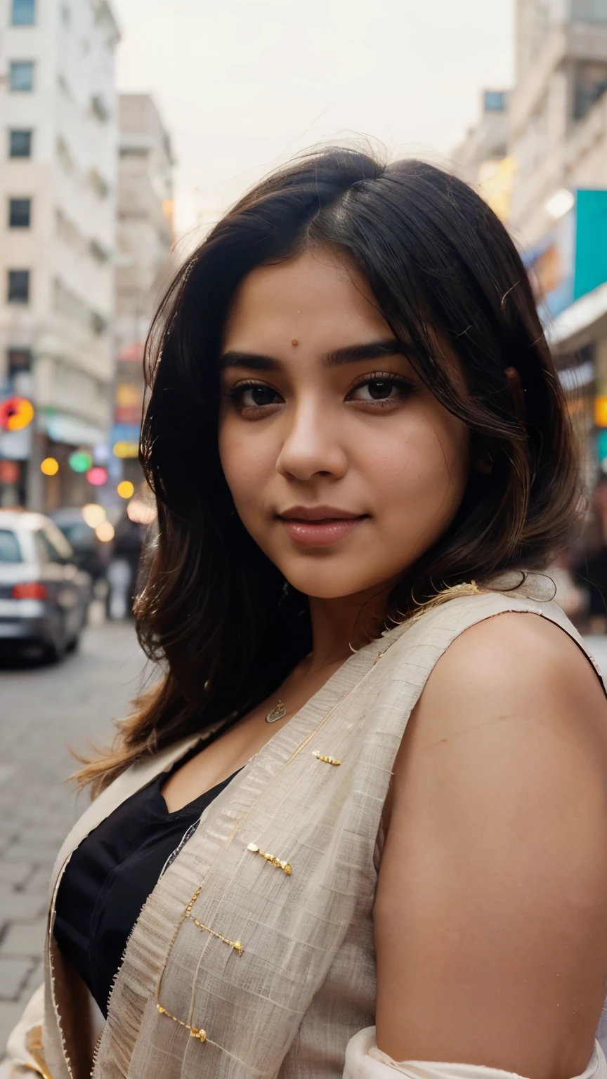 chubby face, natural skin, wearing hot deep neck top and dupatta, charming black hair, ((hair ends are blonde)), city streets background, bokeh