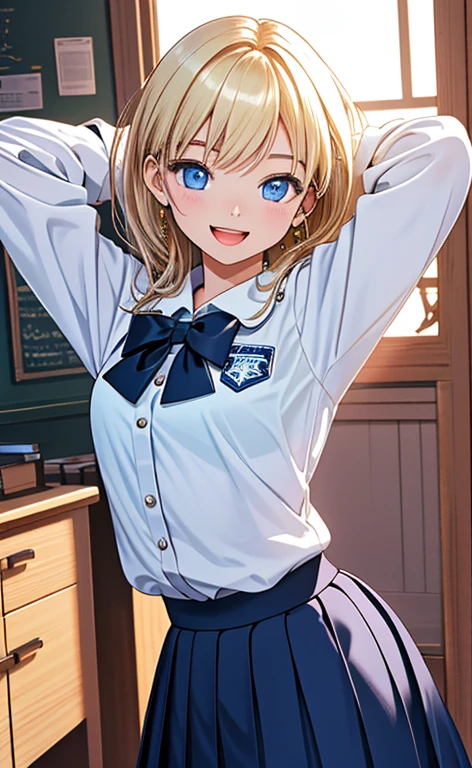 (realistic:1.4、masterpiece、top-quality、8k size wallpaper、offcial art)、(portrait,cowboy shot:1.6)、(1girl),(seductive smile,Open mouth:1.3),(half closed eyes),cute face,blue eyes、(arms behind heads:1.5)、
,(stand),(Shining smile),
,(slender),(school uniform),(long fluorescence blonde hair1.3), (small breasts)、
、fluorescence、classroom,JK、