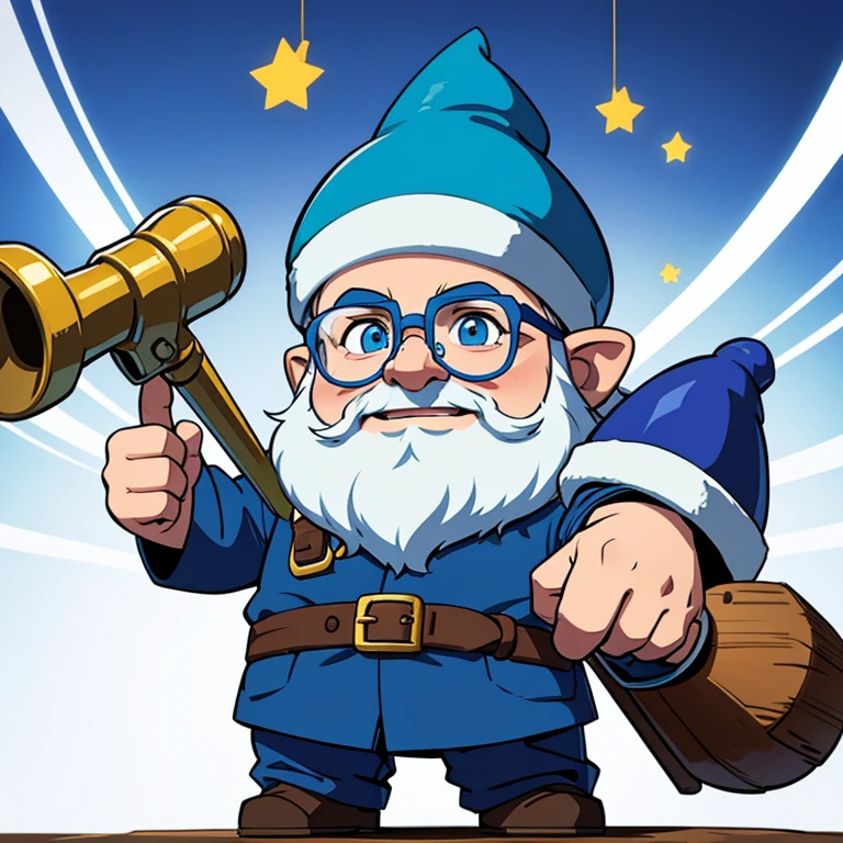 Joyful gnome wizard in blue clothes, mechanic&#39;s glasses, holding a hammer in his hand, White background