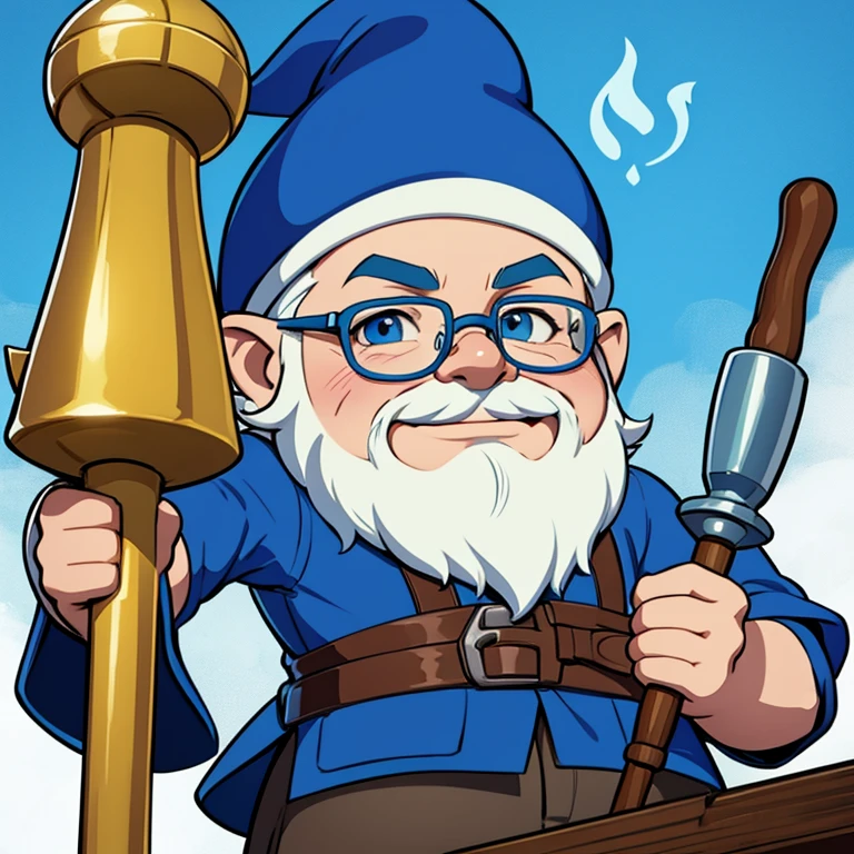 Joyful gnome wizard in blue clothes, mechanic&#39;s glasses, holding a hammer in his hand, White background