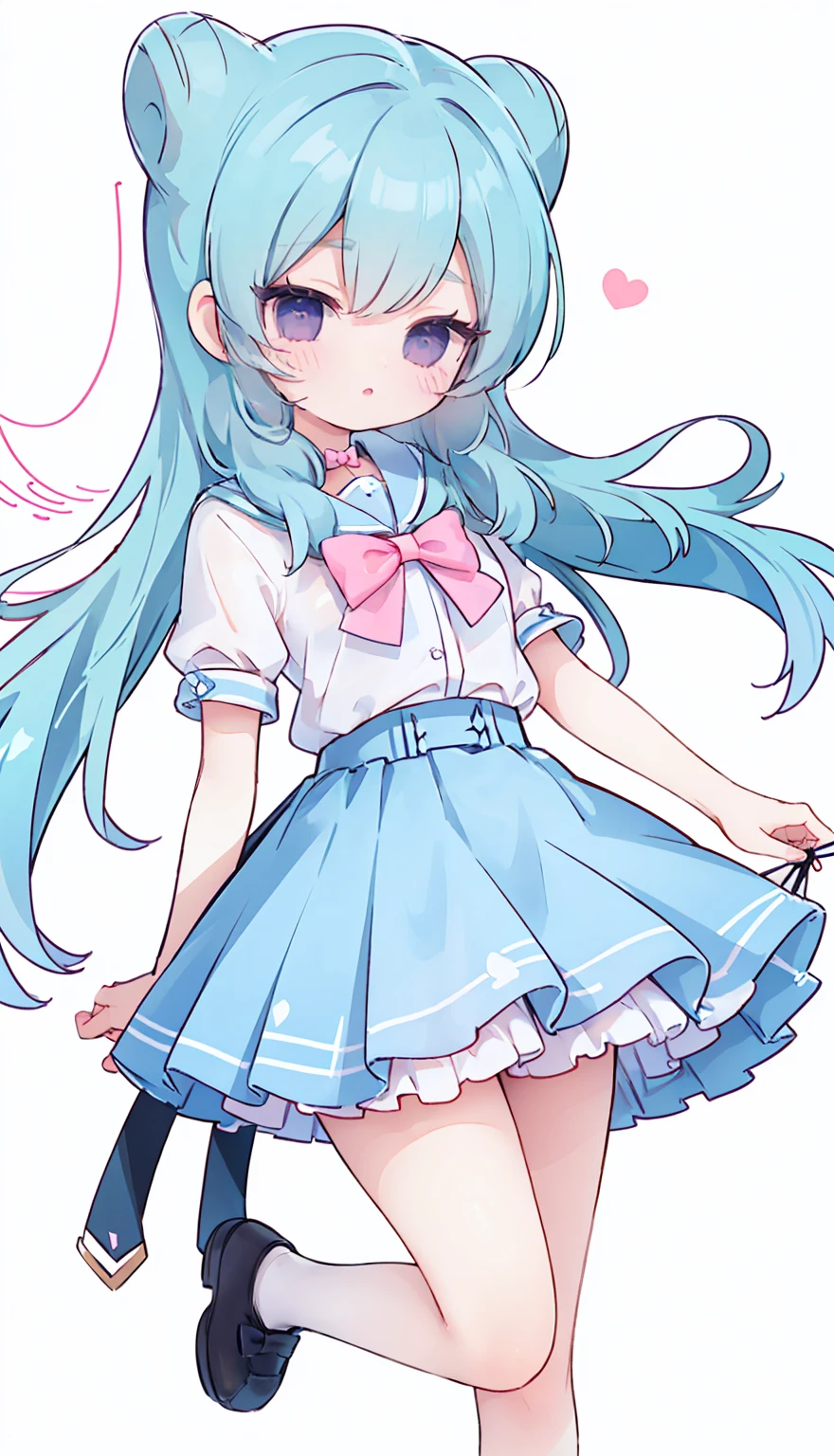 masterpiece, best quality, high resolution, aabeta, double, white simple background, standing, slim waist, cute, sailor uniform, pink bow tie, blue skirt, (PastelColors: 1.3)