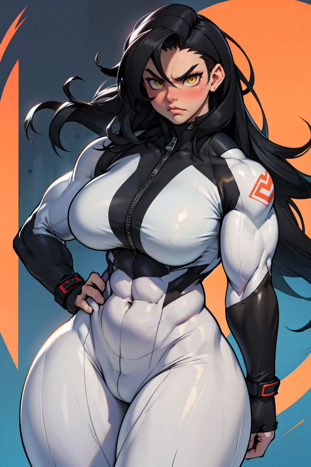 1girl (((muscular toned body))) huge breasts thick thighs wide hips curvy abs black hair yellow eyes very long hair pale skin voluptuous angry blush bodysuit