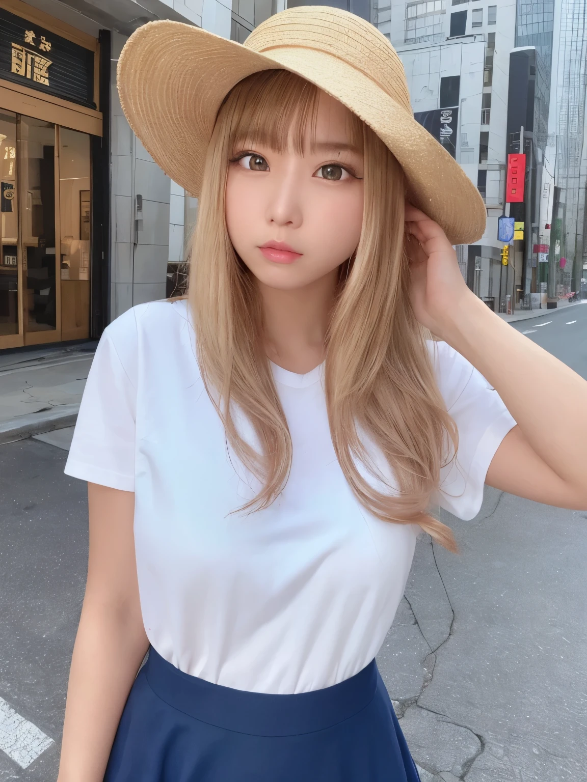 highest quality、masterpiece、ultra high resolution、(photorealistic:1.4)、glowing skin、shiny skin、raw photos、1 girl、1people、solo、18-year-old、high school girl、((blonde、golden hair))、((Get angry、glare、glare、口を開けてGet angry))、Full body Esbian、double eyelid、Loose and fluffy perm、medium long hair、soft chest、Glamour、city、street、city中、one piece、skirt、straw hat