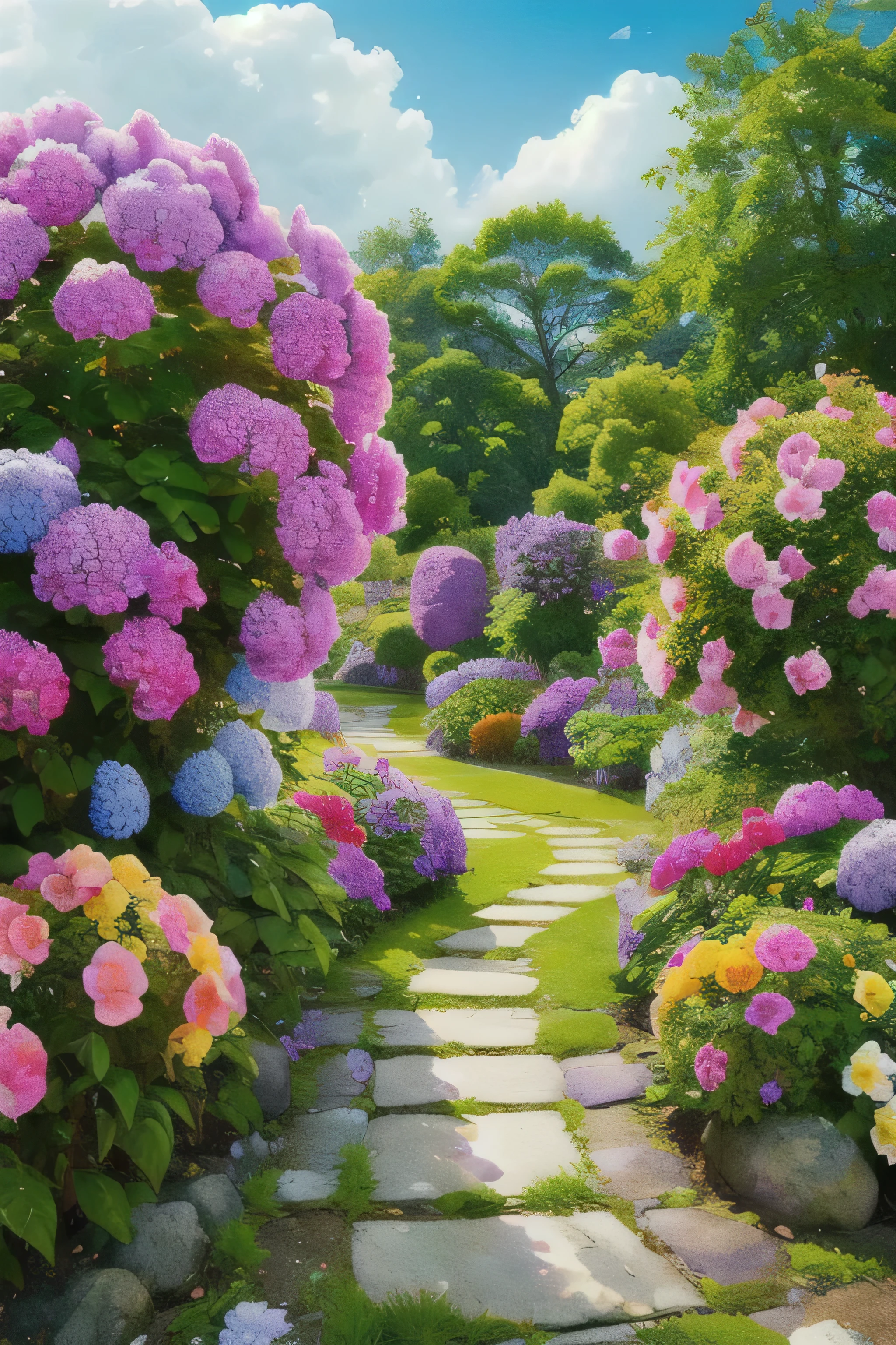 (realistic:1.5) bright colors、Blue hydrangea、Fairytale Landscape, scenery, null, hydrangea, purple flowers, sign, garden, green theme,