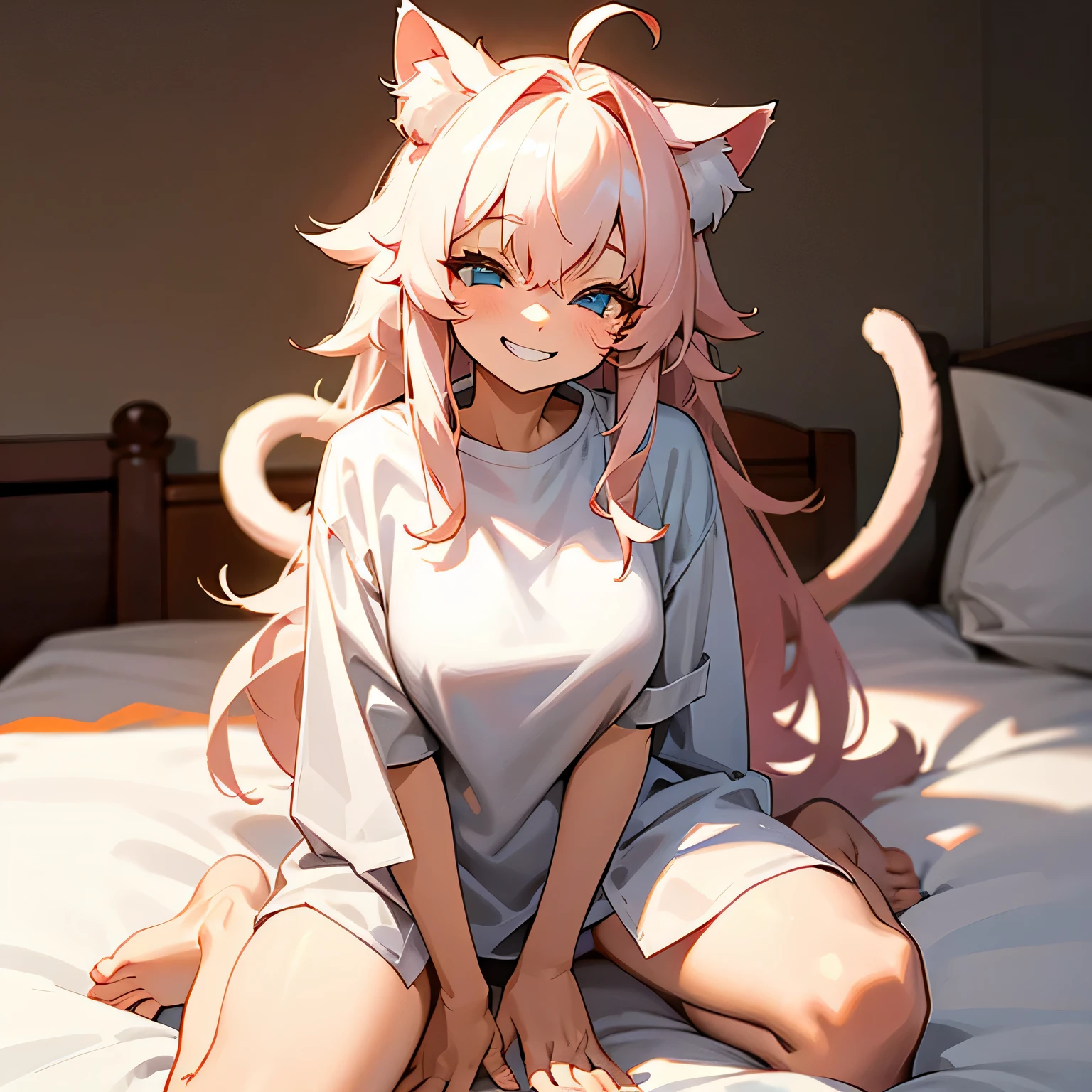 white ear,human,catgirl,wearing oversize shirt,sit on the bed,grin,look at me,tangled hair,cat tail