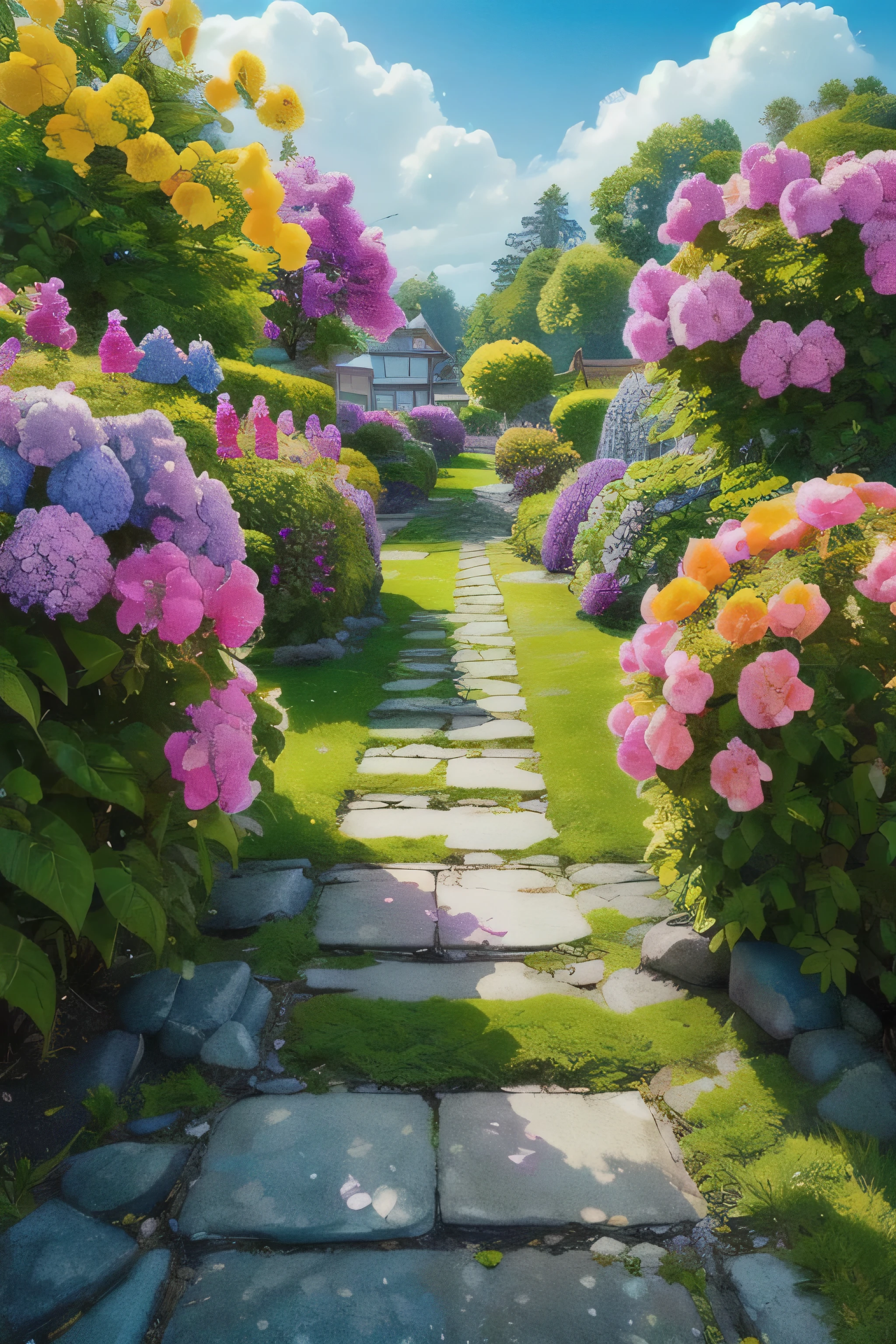 (realistic:1.5) bright colors、Blue hydrangea、Fairytale Landscape, scenery, null, hydrangea, purple flowers, sign, garden, green theme,