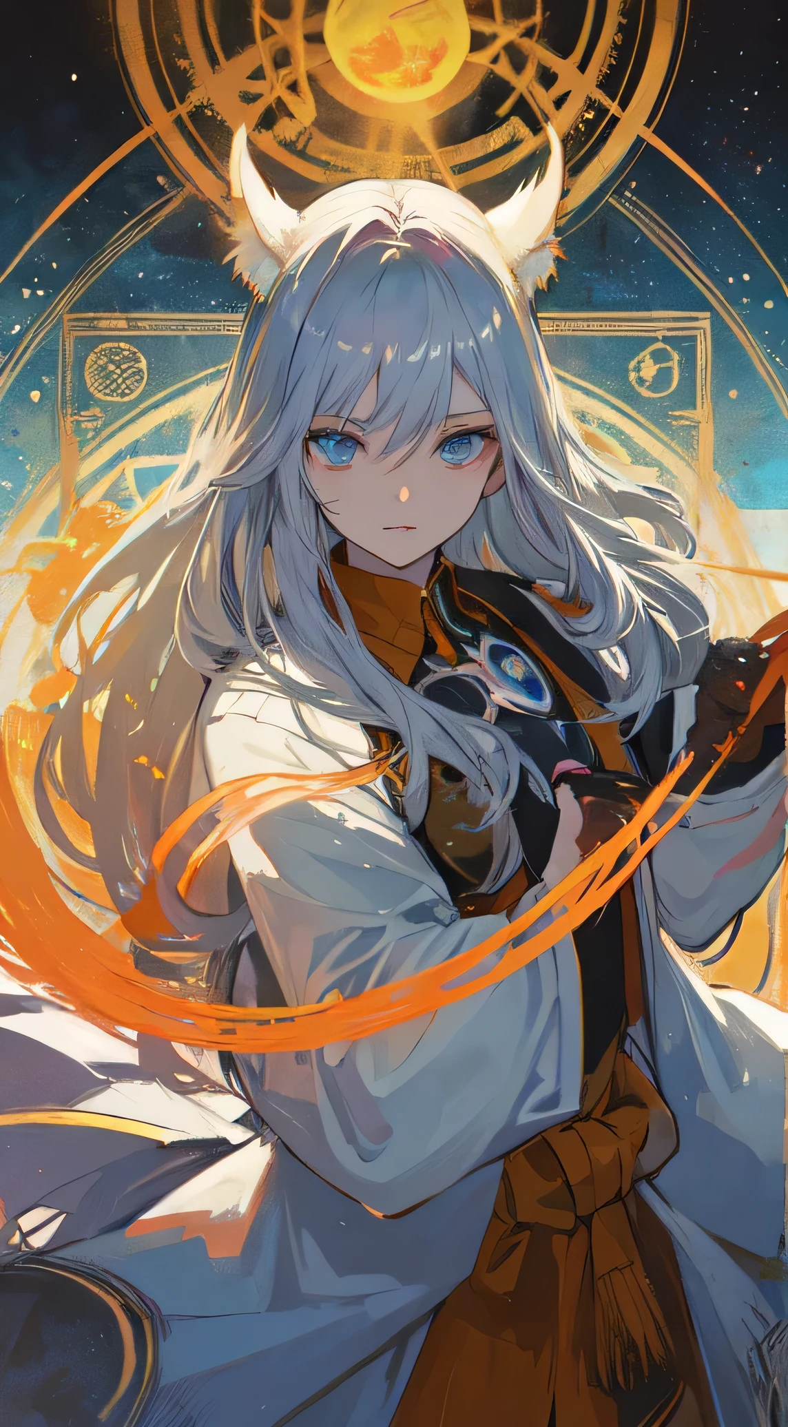 35 year old female, Light orange medium length hair, blue eyes, beast god, White formal wear, Queen, Thin, Big , Make it like tarot anime style but without the frame, gentle eyes , magic circle, Orange Energy, Orange particles, Earth Energy, legend, Divine beast energy, Zero Beast Energy