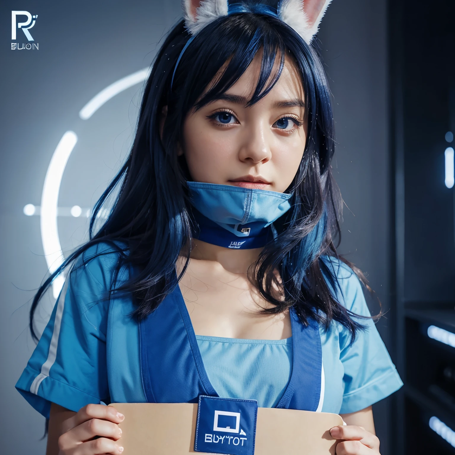 Visual art, visual brand identity letter P with blue color with ideas from cryto, bunny girl anime, global