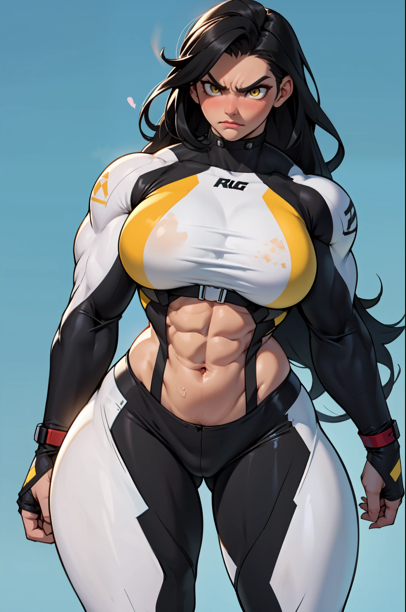 1girl (((muscular toned body))) huge breasts thick thighs wide hips curvy abs black hair yellow eyes very long hair pale skin voluptuous angry blush bodysuit
