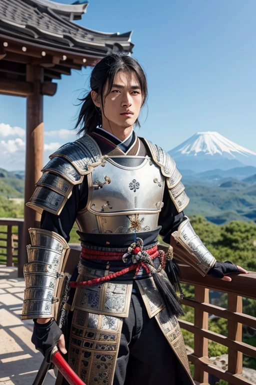 16k, huge amount of detail, ((intricate details))), Sengoku warlord,Nobushige Oyamada,30 generation men,Handsome guy,Intellectual,Japanese-style armor,A post town overlooked from the mountaintop,distant mountain々Mount Fuji visible through the gap,Beautiful sky,Sumi-e,have a sword,horse riding,full body painting