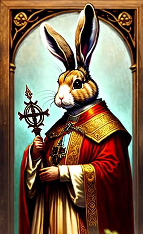 Der Hierophant (Papst)(("Ein kluger Hase im Ordensgewand)), holds a staff with divine symbols, Instructions for younger rabbits. Eine gruselige Kathedrale bildet die Kulisse."