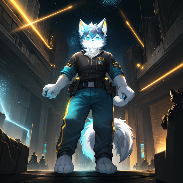 "(High quality sci-fi landscapes and shadows，Ray traching，Particle effect，8K resolution)，(Cat-eared Shota boy and oversized wolf tail+Large long ears)'s(White luminous pants+The fur is white+Yellow and blue tricolor glowing clothes)，Wearing a futuristic sci-fi naval battle command uniform，Casque spatial， foot，It exudes a mysterious and heroic cute temperament。"