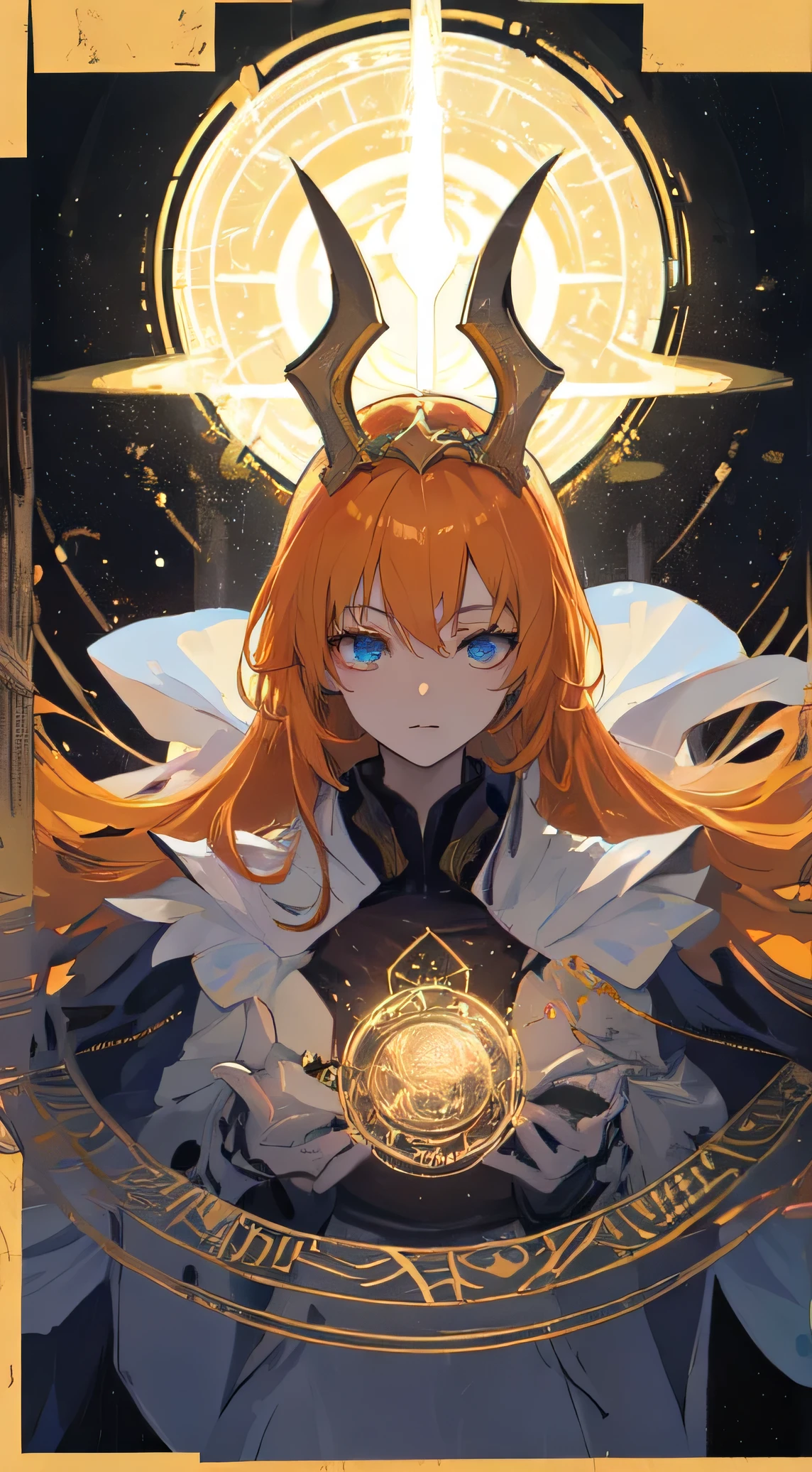 35 year old female, Light orange medium length hair, blue eyes, beast god, White formal wear, Queen, Thin, Big , Make it like tarot anime style but without the frame, gentle eyes , magic circle, Orange Energy, Orange particles, Earth Energy, legend, Divine beast energy, Zero Beast Energy