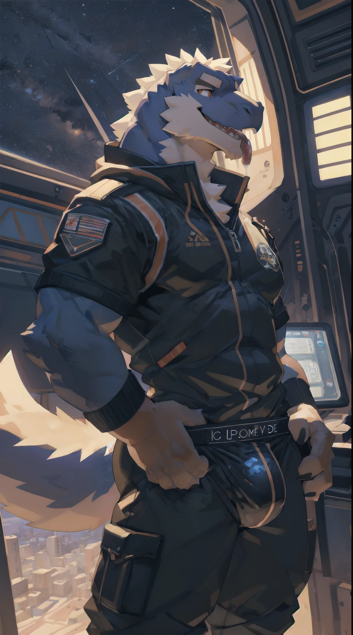 Solo, male, hands on hips, pulling pants down, by bigcozyorca, by goonie-san, by bebebebebe, by spikedmauler, facing viewer, black, black tyrannosaurus, bushy tail, buff, spacesuit, pulling pants down, showing off bulge, showing off, space observation deck background, open mouth, detailed mouth, tongue hanging out, drooling, smirking, eductive smile, lustful grin, bulge, bulging, hard bulge, adjusting hard bulge, adjusting bulge, adjusting crotch, masterbating, jacking off, touching dick
