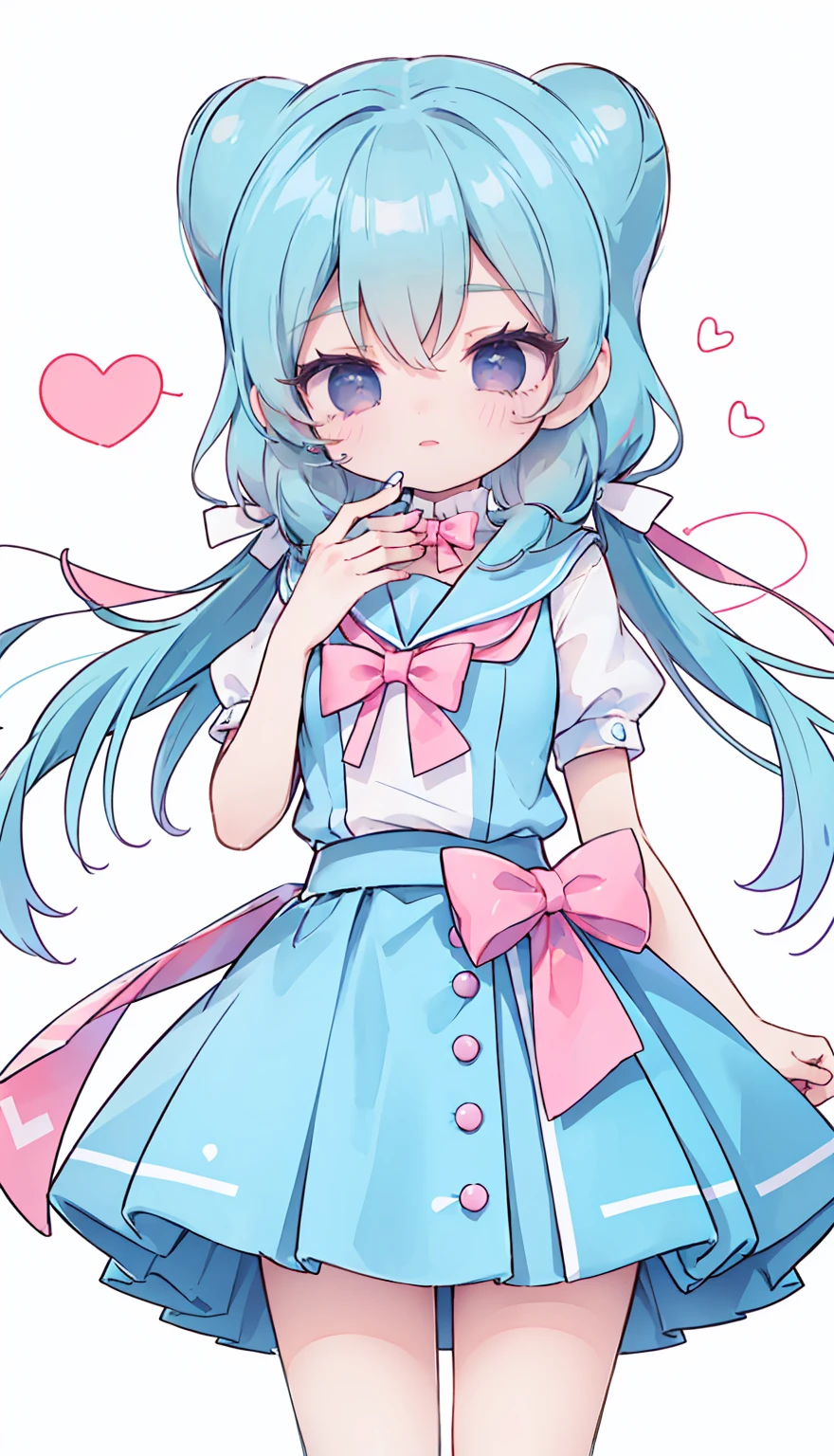 masterpiece, best quality, high resolution, aabeta, double, white simple background, standing, slim waist, cute, sailor uniform, pink bow tie, blue skirt, (PastelColors: 1.3)