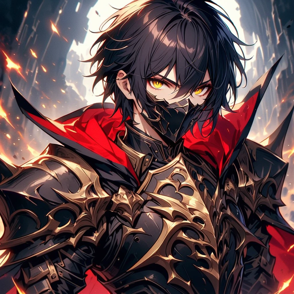 (masterpiece:1.2, best quality), (finely detailed beautiful eyes: 1.2), (detailed background, dark fantasy), (beautiful detailed face), high contrast, (best illumination, an extremely delicate and beautiful), ((cinematic light)), colorful, hyper detail, dramatic light, intricate details, (1 boy, solo, zhongli, sharp face,low twin-tails,orange eyes, hair between eyes,dynamic angle), (blood splatter:1.4), swirling black light around the character, depth of field,black light particles,(broken glass),magic circle,