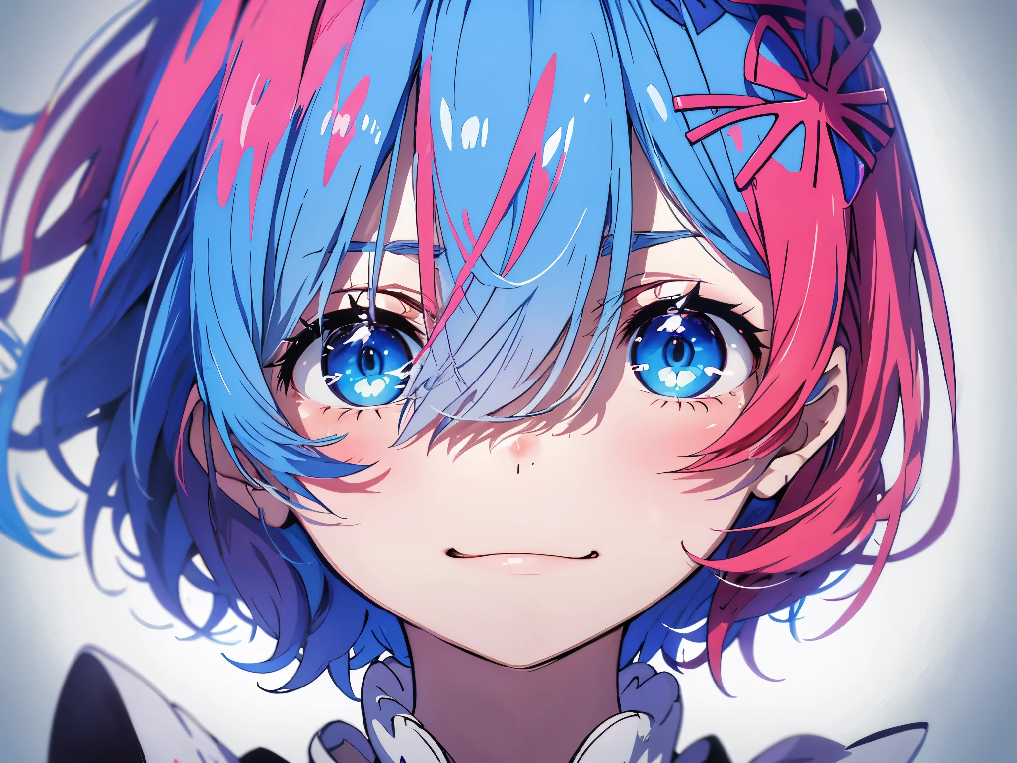 graffiti face, colorful eyes, open your mouth, yandere expression, smile, look at the audience, I can&#39;t see my hands, pastel colour, thought, ask for help、red hair、short hair、bob hair、sharp eyes、No expression、angry face、hair between eyes、