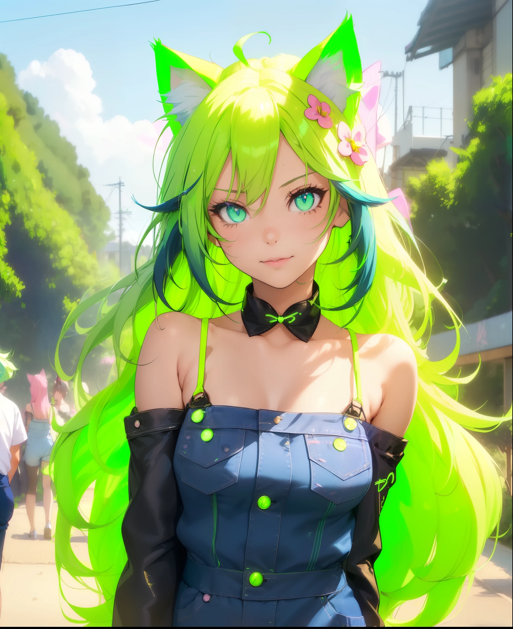 (((1 cat girl ))), ((cat ears)) solo, (((long neon green hair blown by the wind))), blue eyes, cropped and short kawaii denim jumpsuit, spaghetti strap, short, lace, look at viewer, luxurious, elegant, extremely detailed, pink lips, smiling, shy, feminine charm, blurry, beautiful sky, trees, garden, butterfly, beautiful flowers, depth of field, shy pose