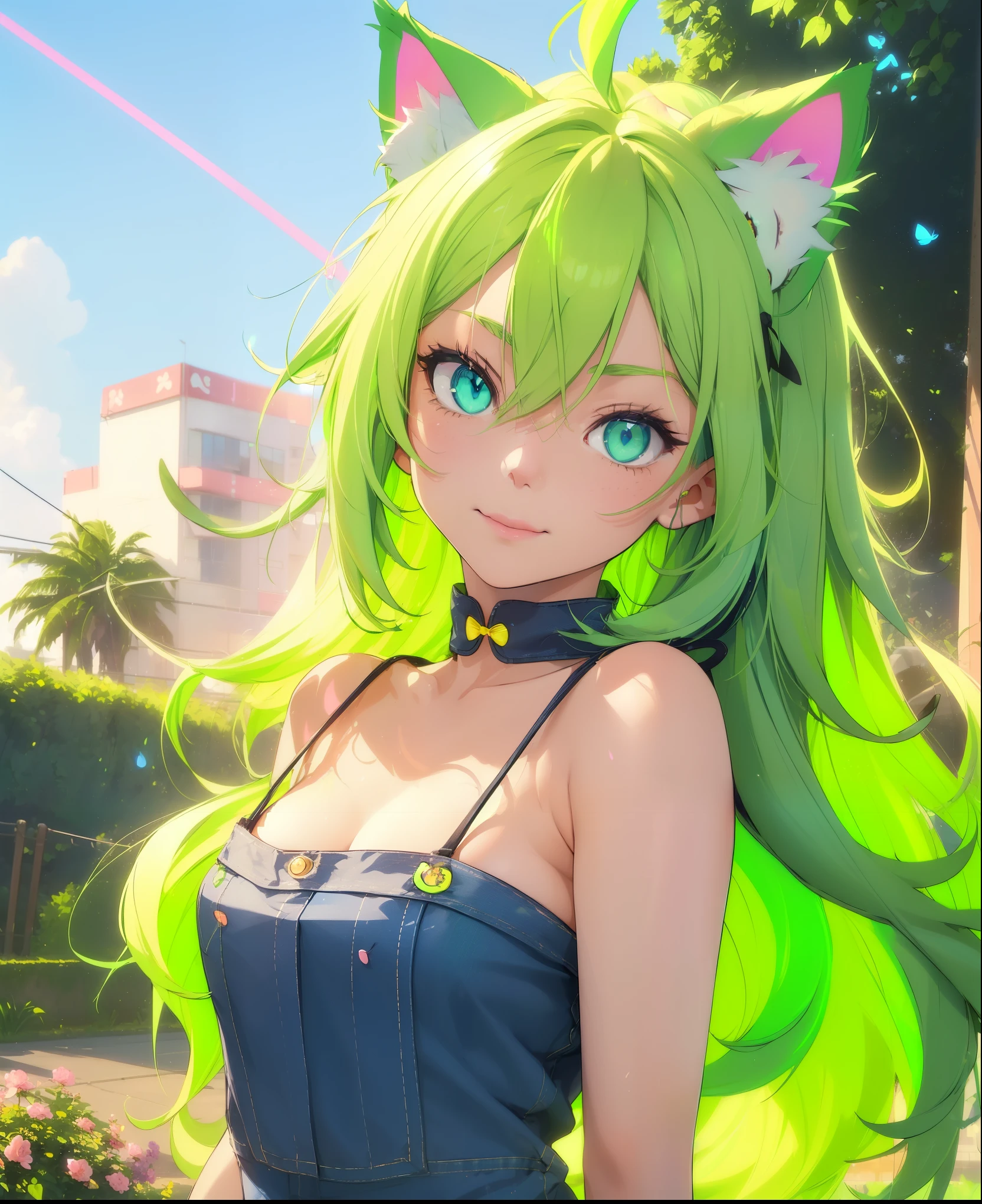 (((1 cat girl ))), ((cat ears)) solo, (((long neon green hair blown by the wind))), blue eyes, cropped and short kawaii denim jumpsuit, spaghetti strap, short, lace, look at viewer, luxurious, elegant, extremely detailed, pink lips, smiling, shy, feminine charm, blurry, beautiful sky, trees, garden, butterfly, beautiful flowers, depth of field, shy pose