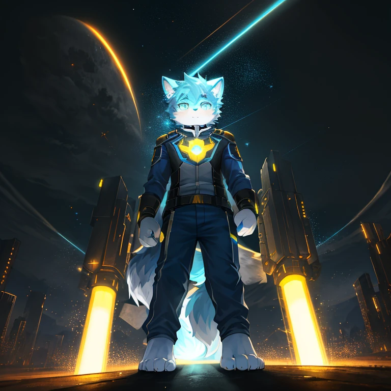 "(High quality sci-fi landscapes and shadows,Ray traching,Particle effect,8K resolution),(Cat-eared Shota boy and oversized wolf tail+Large long ears)'s(White luminous pants+The fur is white+Yellow and blue tricolor glowing clothes),Wearing a futuristic sci-fi naval battle command uniform,Casque spatial, foot,It exudes a mysterious and heroic cute temperament。"