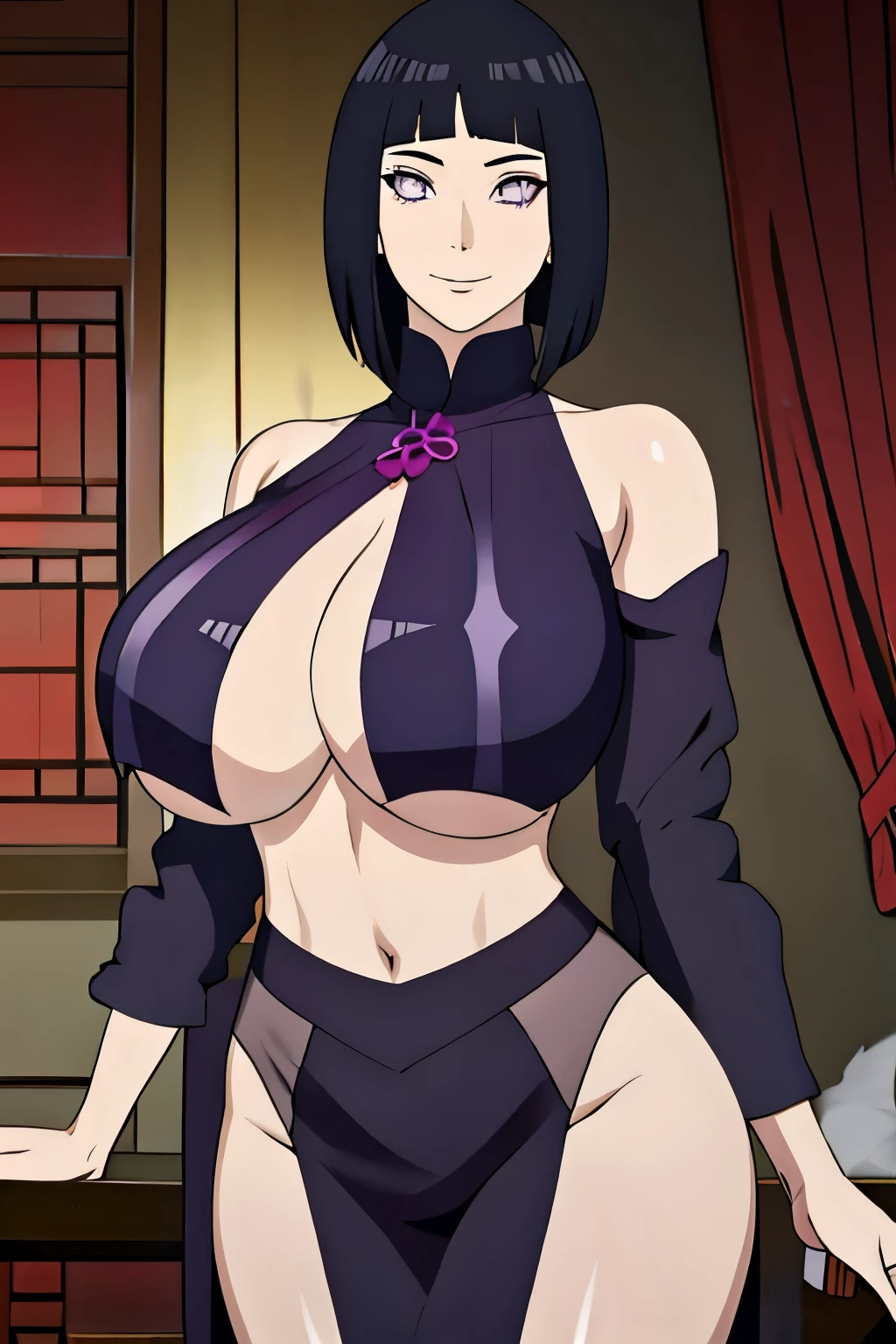 masterpiece, absurdres, hinata\(boruto\), 1girl, solo,mature female, chinese dress, perfect composition, detailed lips, gigantic breast, beautiful face, body propotion, short hair,  purple eyes,  soft gaze,  super realistic, detailed, photoshoot, realistic face and body,  (underboob : 1.4), black turtleneck, (gigantic breasts: 1.1), curvy, cowboy shot, bare shoulders, seductive smile, inside, nightclub