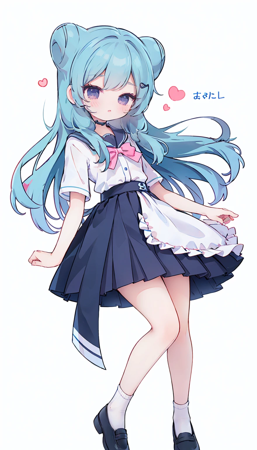 masterpiece, best quality, high resolution, aabeta, double, white simple background, standing, slim waist, cute, sailor uniform, pink bow tie, blue skirt, long socks, (PastelColors: 1.3), full body