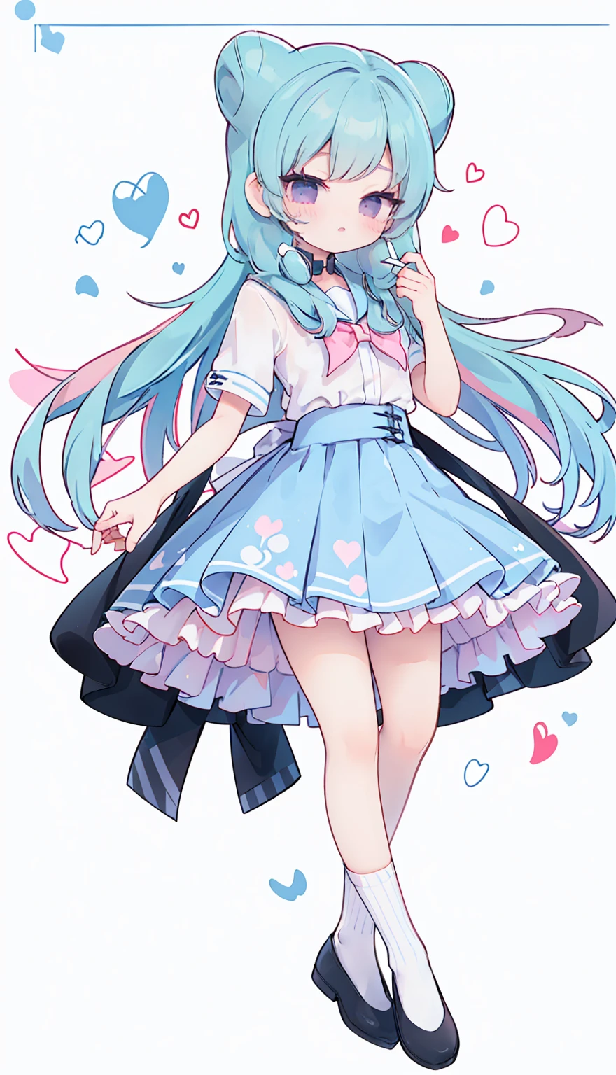 masterpiece, best quality, high resolution, aabeta, double, white simple background, standing, slim waist, cute, sailor uniform, pink bow tie, blue skirt, long socks, (PastelColors: 1.3), full body