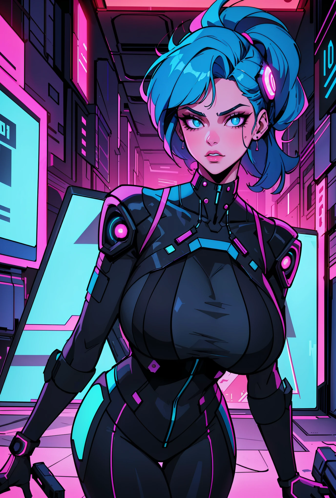 a digital painting of a woman with blue hair, cyberpunk art by Josan Gonzalez, behance contest winner, afrofuturism, synthwave, neon, glowing neon, huge breast