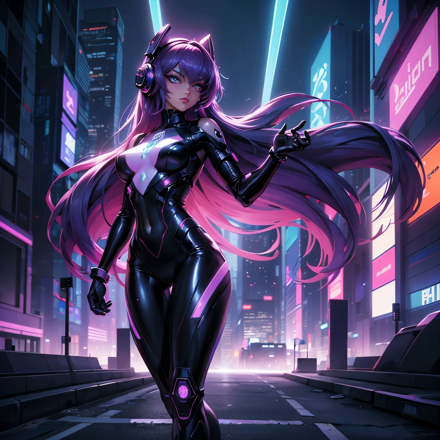 (best quality,4k,8k,highres,masterpiece:1.2),ultra-detailed,(realistic,photorealistic,photo-realistic:1.37),portrait,synthwave anime girl,long purple hair,bright neon lights,glowing cityscape,retro-futuristic background,cyberpunk atmosphere,vibrant colors,expressive eyes,bold makeup,futuristic outfit,confident pose,energetic dynamic movement,floating holographic screens,digital effects,reflective surfaces,holographic accessories,city skyline,night setting,electric glow,sharp edges and clean lines,futuristic technology,sci-fi elements,stylish sunglasses,stylish headphones,elaborate tattoo designs on arms and legs,sleek and slim physique,high-tech gadgets,hovering skateboard,energetic aura,synchronized dance moves,stylish wristbands,transforming robot pet,hidden symbol of power,city filled with energy and excitement