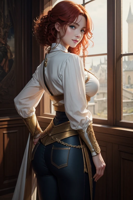 8k,ultra high resolution,((best image quality)), ((masterpiece)), (high detail:1.3), Jeanne d&#39;Arc,paladin,blue eyes,red hair perm hair,A woman wearing brown and white casual clothes;beautiful expression,Charm,sexy,super beautiful(like the real thing),smile,luxury black pants, feminine body, big breasts, masterpiece, Photorealistic RAW photos of the highest quality。bright colors,rich colors, Backlight, cinematic lighting, film grain, to be born, 50mm lens, Nikon D850,realistic skin,fantasy art,character art,ultra high resolution,dynamic pose,castle town,