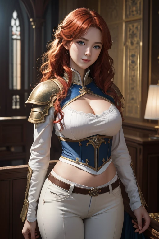 high quality fingers, normal hands, detailed fingers,masterpiece, (realistic, photo-realistic:1.37), (22 years old woman), katarina from league of legends, medium breast, small waist, dark red hair, blue eyes, beautiful face, perfect illumination, beautiful detailed eyes,looking at viewer, stunningly beautiful woman, detailed hairstyle, detailed background,shorts, detailed fantasy background, (sweat:1)