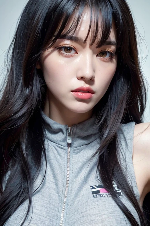 Stunning woman ,  long black hair , bangs ,  heavy eyeliner , peach lipstick, large chest , age 31 

Wearing a  tracksuit, bright colors , model  , mid shot , sleeveless , 

(masterpiece, best quality )detailed, 1Character ,  pastel washed out colors ,  muted shades , 