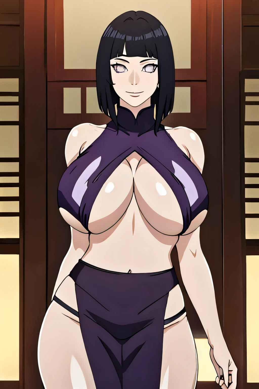 masterpiece, absurdres, hinata\(boruto\), 1girl, solo,mature female, chinese dress, perfect composition, detailed lips, gigantic breast, beautiful face, body propotion, short hair,  purple eyes,  soft gaze,  super realistic, detailed, photoshoot, realistic face and body,  (underboob : 1.4), black turtleneck, (gigantic breasts: 1.1), curvy, cowboy shot, bare shoulders, seductive smile, inside, nightclub