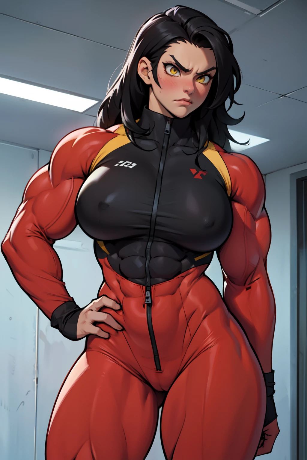 1girl (((muscular toned body))) huge breasts thick thighs wide hips curvy abs black hair yellow eyes very long hair pale skin voluptuous angry blush bodysuit