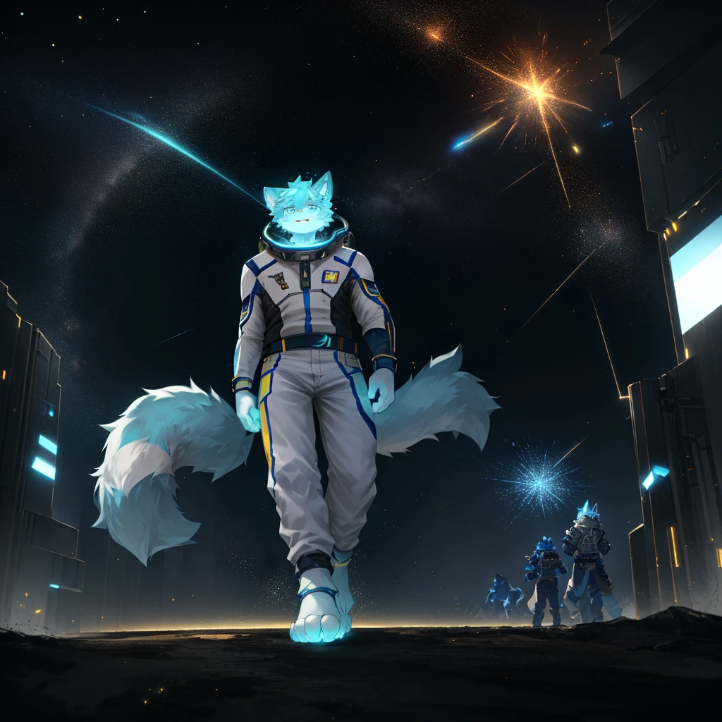 "(高品质of科幻风景和阴影，Ray tracing，Particle effect，8K resolution)，(Cat-eared Shota boy and oversized wolf tail+Large long ears)of(White luminous pants+皮毛是白色of+and blue tricolor luminous clothes)，Wearing a futuristic sci-fi naval battle command uniform，Space Helmet，Bestial foot，它散发着神秘而英姿飒爽of可爱气质。"