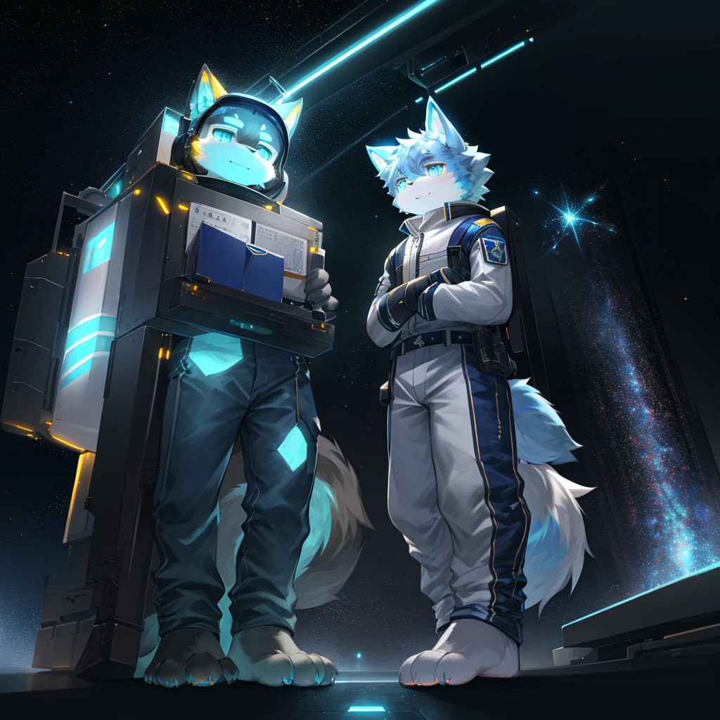 "(高品质of科幻风景和阴影,Ray tracing,Particle effect,8K resolution),(Cat-eared Shota boy and oversized wolf tail+Large long ears)of(White luminous pants+皮毛是白色of+and blue tricolor luminous clothes),Wearing a futuristic sci-fi naval battle command uniform,Space Helmet,Bestial foot,它散发着神秘而英姿飒爽of可爱气质。"
