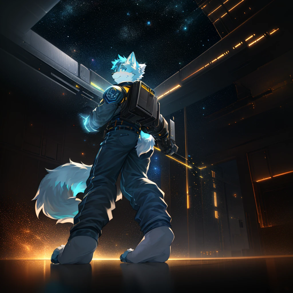 "(高品质of科幻风景和阴影,Ray tracing,Particle effect,8K resolution),(Cat-eared Shota boy and oversized wolf tail+Large long ears)of(White luminous pants+皮毛是白色of+and blue tricolor luminous clothes),Wearing a futuristic sci-fi naval battle command uniform,Space Helmet,Bestial foot,它散发着神秘而英姿飒爽of可爱气质。"