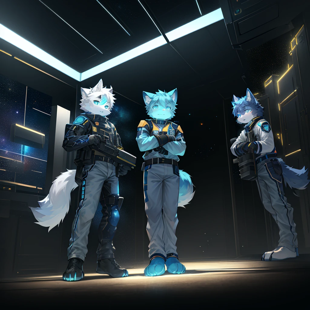 "(高品质of科幻风景和阴影,Ray tracing,Particle effect,8K resolution),(Cat-eared Shota boy and oversized wolf tail+Large long ears)of(White luminous pants+皮毛是白色of+and blue tricolor luminous clothes),Wearing a futuristic sci-fi naval battle command uniform,Space Helmet,Bestial foot,它散发着神秘而英姿飒爽of可爱气质。"