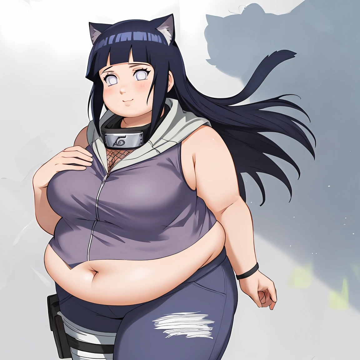 Masterpiece, 4k, highres, high Quality, detailed face, detailed body render, detalhed eyes, 1girl, chubby hyuuga hinata, hinata-sleeveless-outfit, large breasts, neko ears in head, big breast, sleeveless shirt, fishnet top, chubby belly, thick thighs, fat arms, big butt, big cheeks, cute and fat face