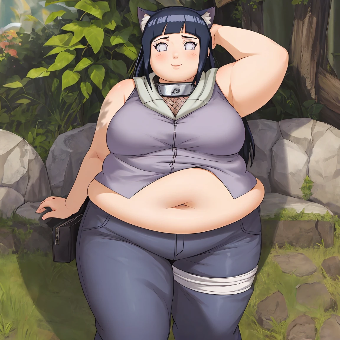 Masterpiece, 4k, highres, high Quality, detailed face, detailed body render, detalhed eyes, 1girl, chubby hyuuga hinata, hinata-sleeveless-outfit, large breasts, neko ears in head, big breast, sleeveless shirt, fishnet top, chubby belly, thick thighs, fat arms, big butt, big cheeks, cute and fat face